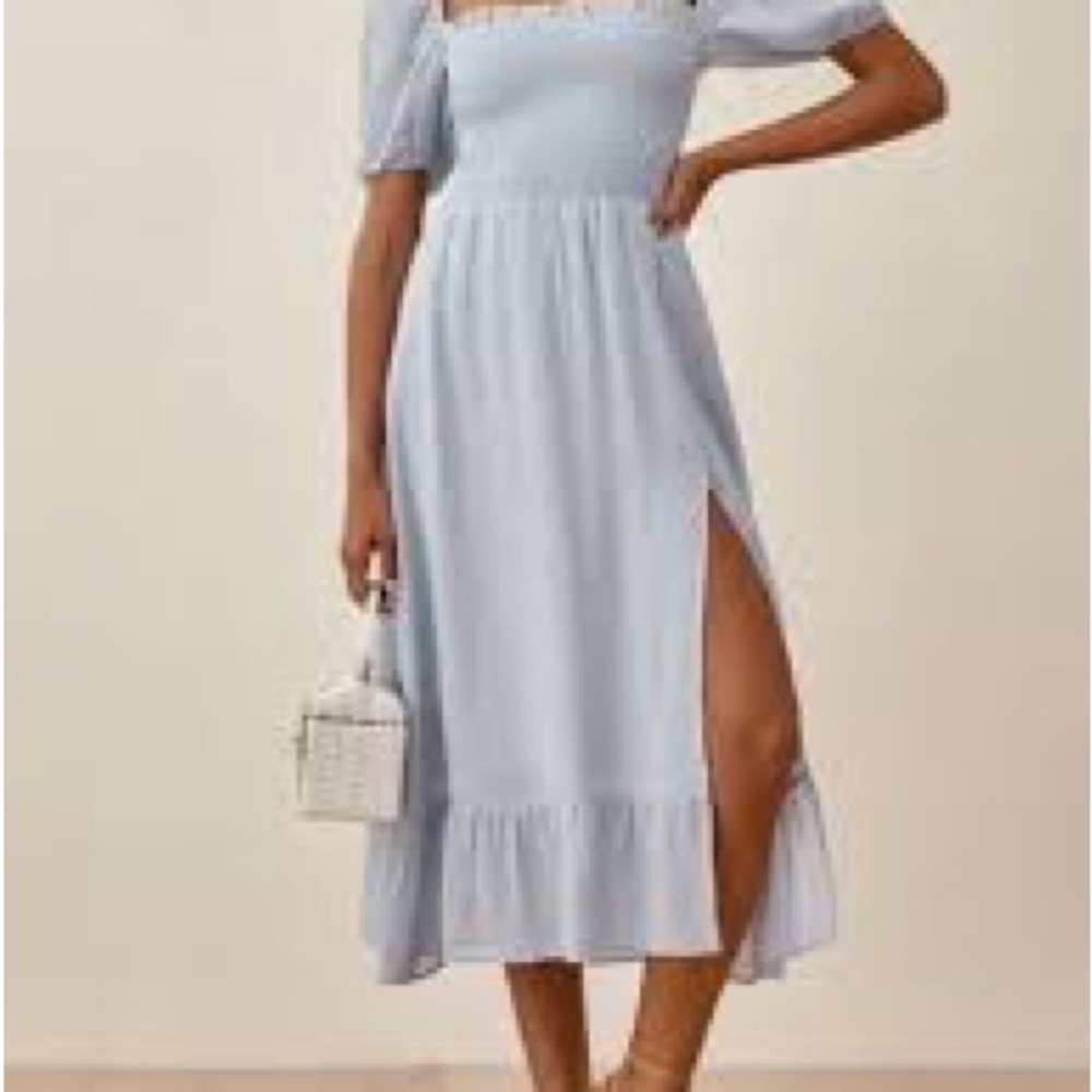 Reformation Blue Smocked Midi Dress with Puff Sleeves